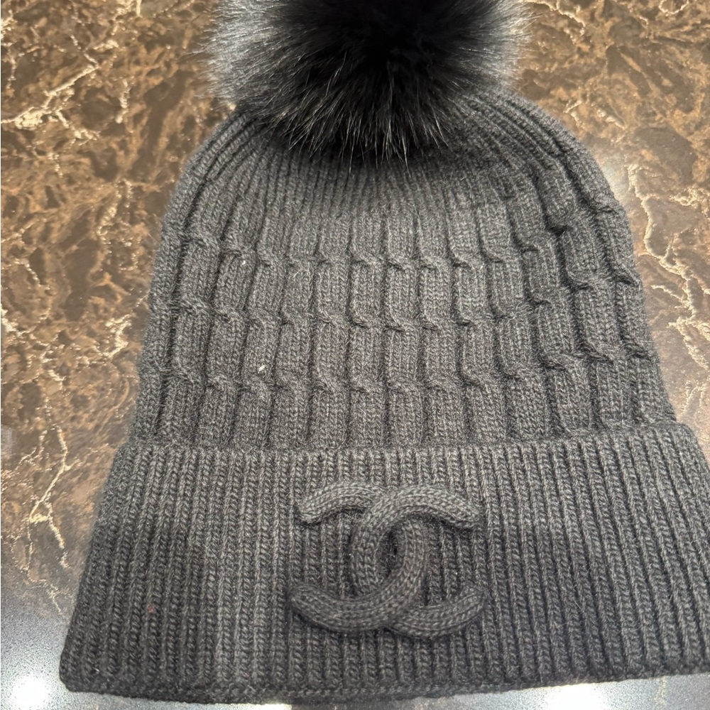 CHANEL Black Knit Hat with Pom Pom - Picture 2 of 7
